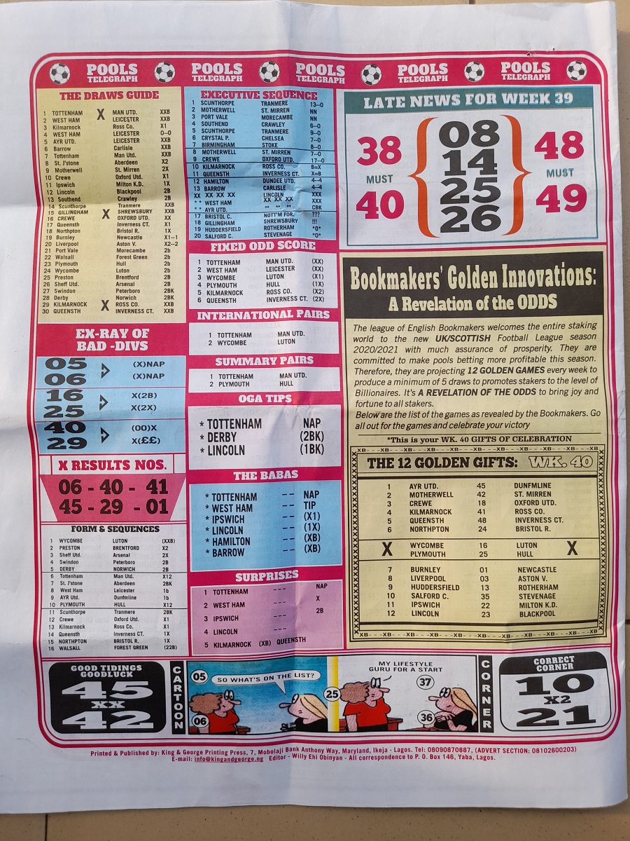 Week 40 Pool Late News Papers 2021 Bigwin Soccer, Pools Telegraph