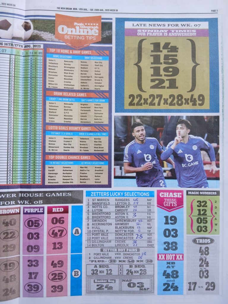 Week 8 weekly telegraph final result dream pools papers